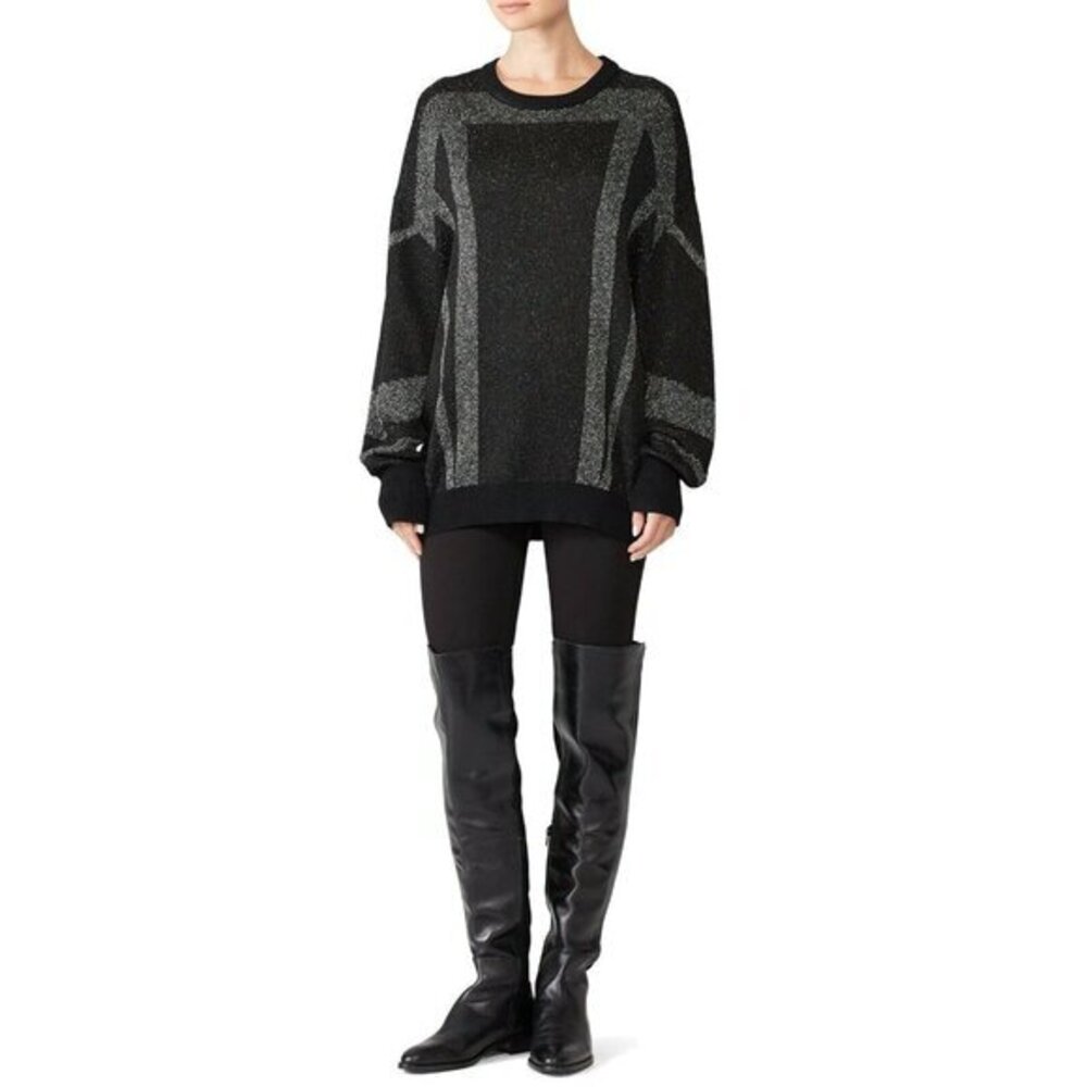 IRO Sweater Dock Lurex Metallic Pullover Sweater Black Silver SZ L $395